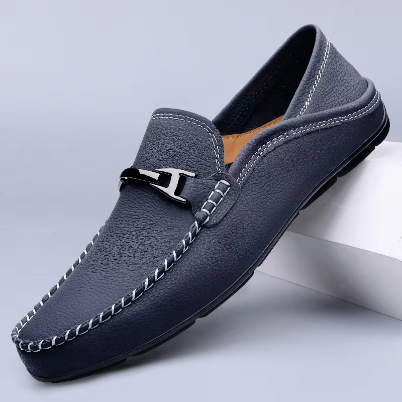 Men’s Genuine Leather Loafers with Metal Buckle, Soft Sole Business and Casual Driving Shoes