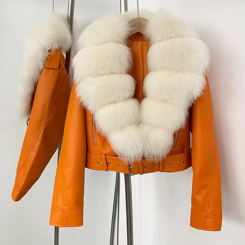 Women's Sheepskin Leather Coat with Real Fox Fur Collar — Warm Slim Fit Winter Jacket