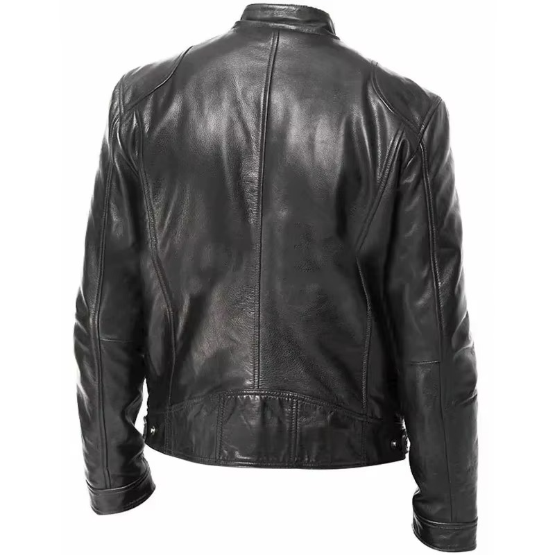 Men's Slim Fit PU Leather Jacket, Stand Collar, Anti‑Wind Motorcycle Style