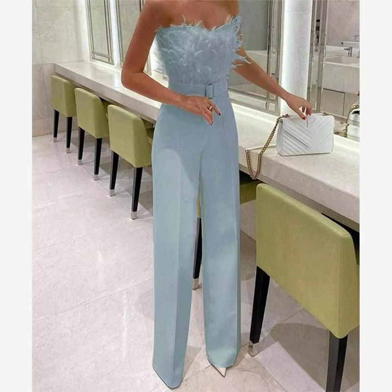 Sexy Feather Jumpsuit with Bare Shoulder, Cinched Waist, and Diamond Embellished Wide Leg