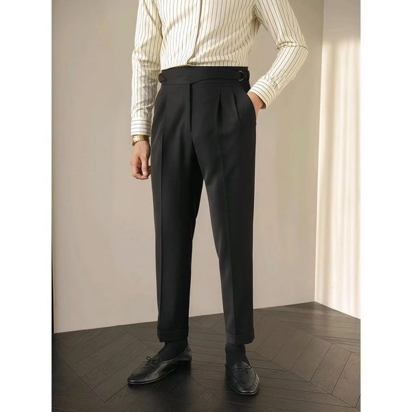 Paris Buckle Men's High Waist Slim Fit Trousers Vintage British Business Casual Pants