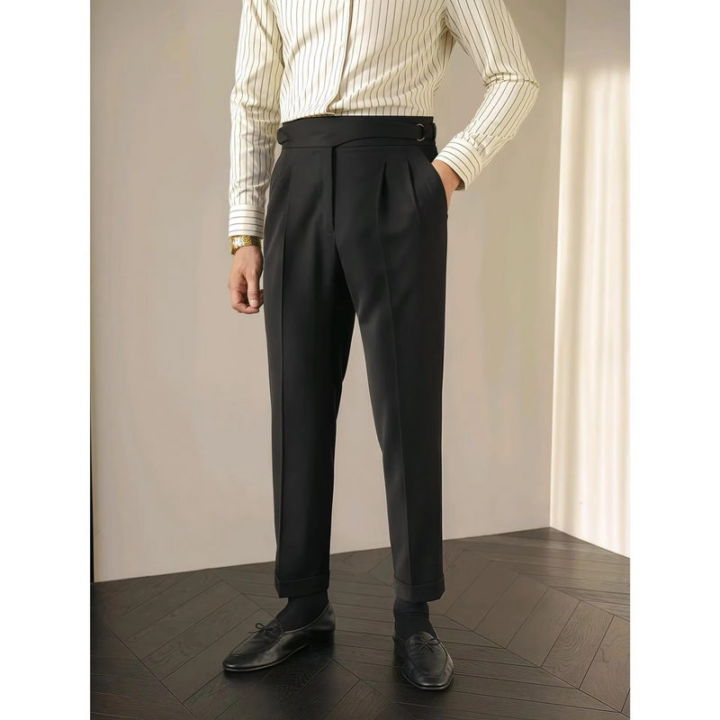 Paris Buckle Men's High Waist Slim Fit Trousers Vintage British Business Casual Pants