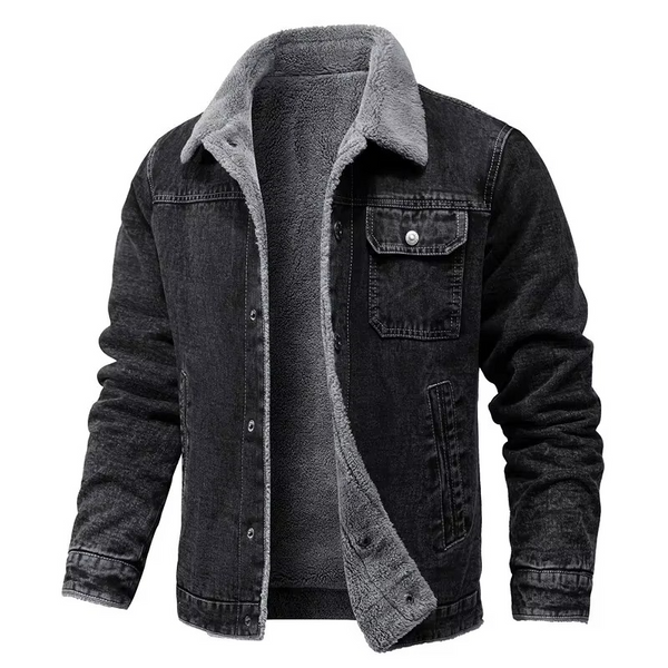 Men's Black Fleece-Lined Denim Winter Jacket