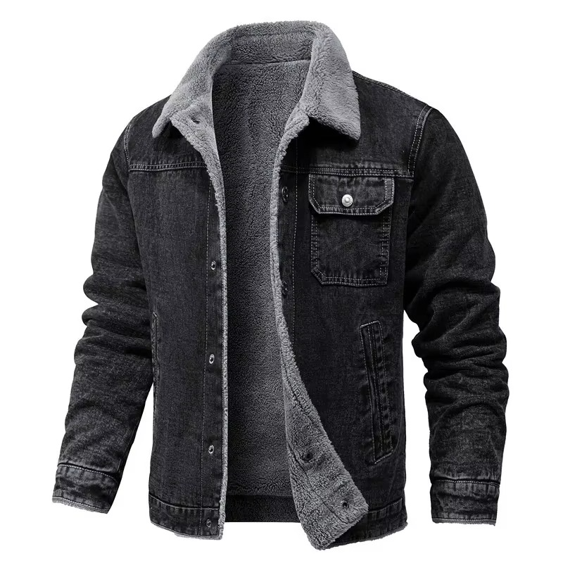 Men's Black Fleece-Lined Denim Winter Jacket