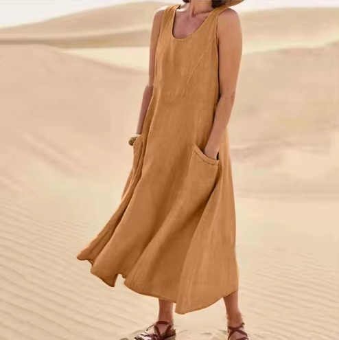 Women’s Cotton Linen Sleeveless Maxi Sundress with Pockets, Loose Fit Beachwear S-5XL