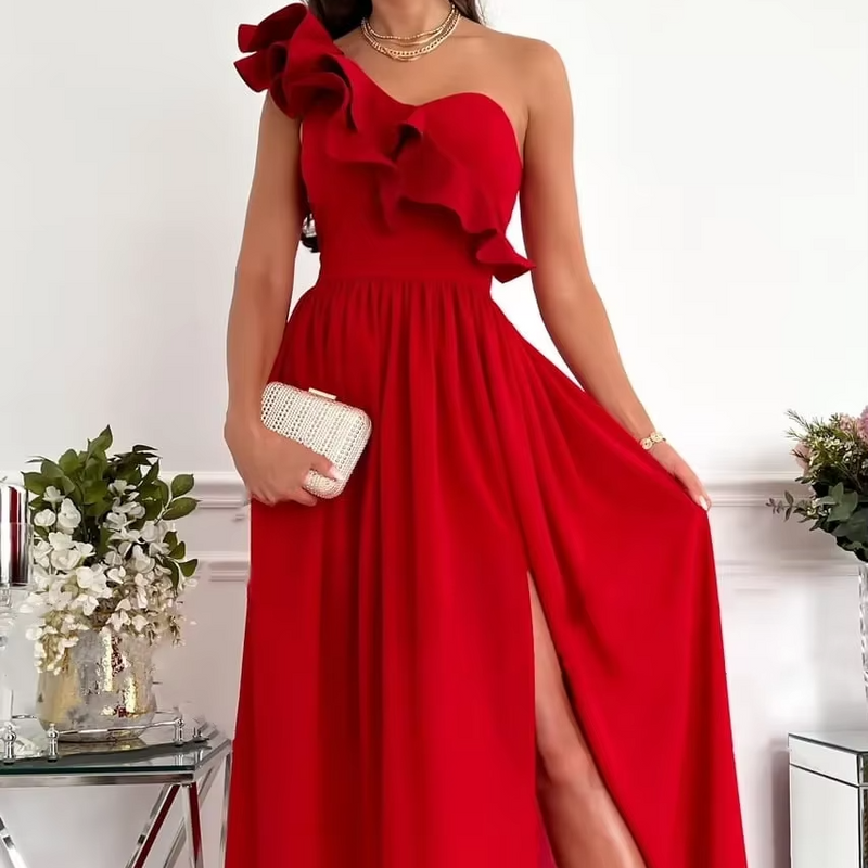 Ruffle Edge One Shoulder Maxi Dress with Side Slit