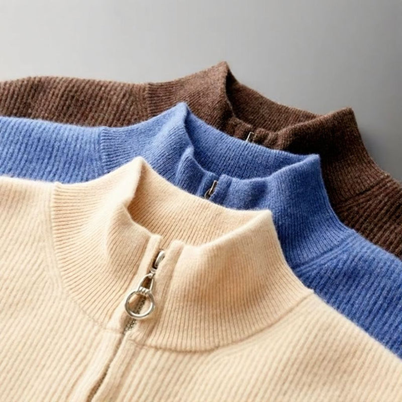 Men's 100% Pure Wool Zip-Up Cardigan with Stand Collar, Thick Knit Winter Sweater Jacket