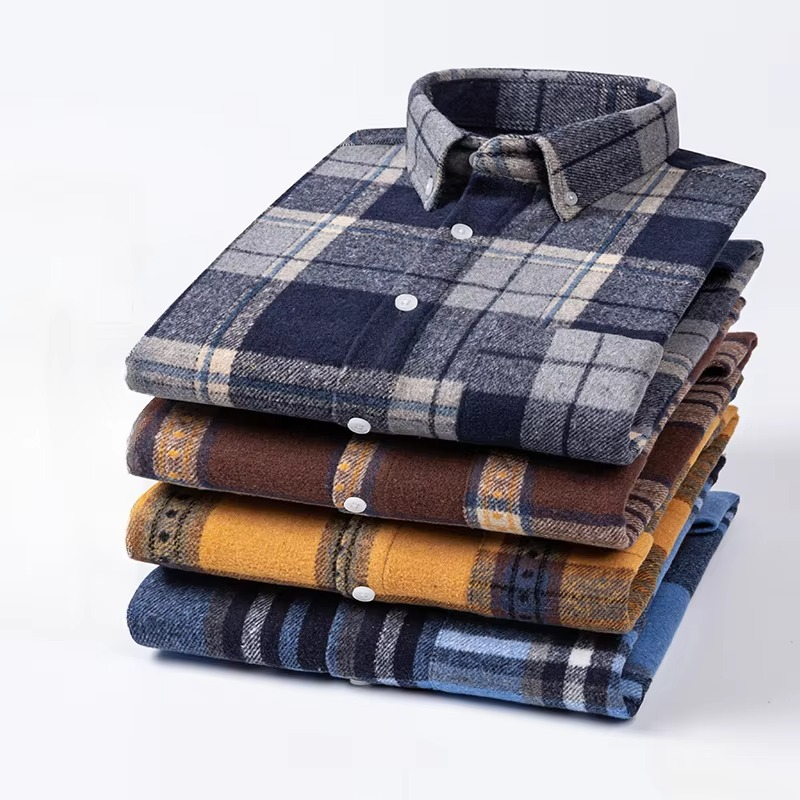 Men's Plus Size 7XL 100% Cotton Plaid Long Sleeve Shirt with Single Chest Pocket