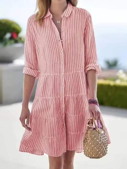 2025 Spring Oversized Striped Shirt Dress for Women with Turn-Down Collar and Long Sleeves