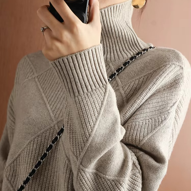 Womens Turtleneck Oversized Knit Sweater Pullover Long Sleeve Solid Jumper Top