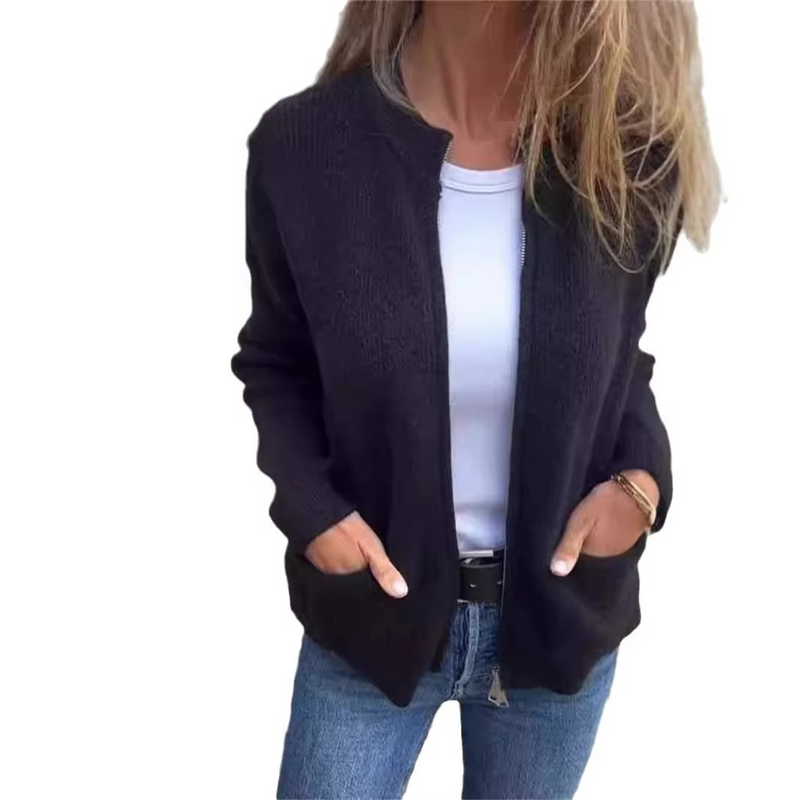 Cozy Stand Collar Zipper Knit Jacket for Women