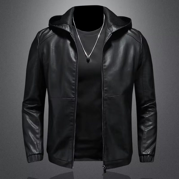 Men's Hooded PU Leather Jacket Black Motorcycle Style Casual Streetwear Outerwear