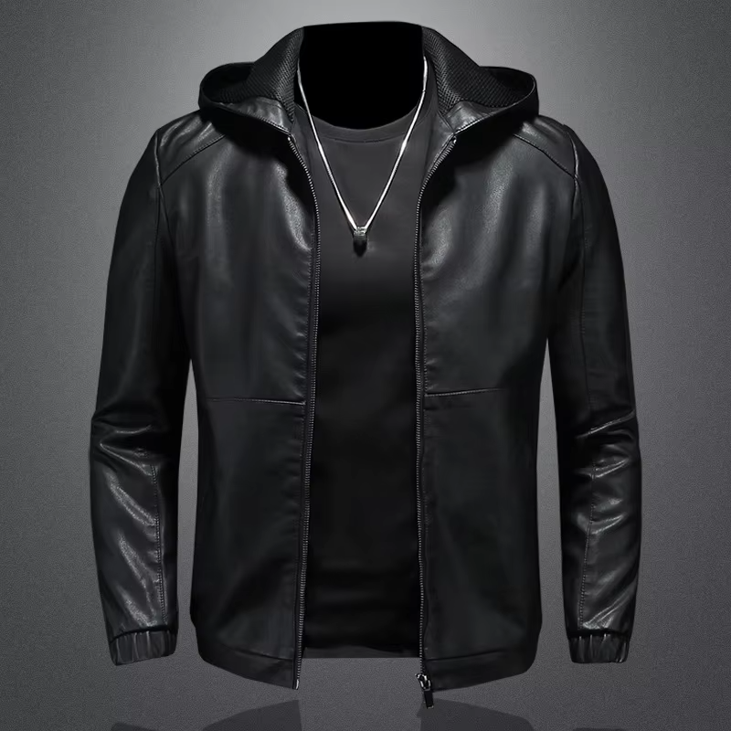 Men's Hooded PU Leather Jacket Black Motorcycle Style Casual Streetwear Outerwear
