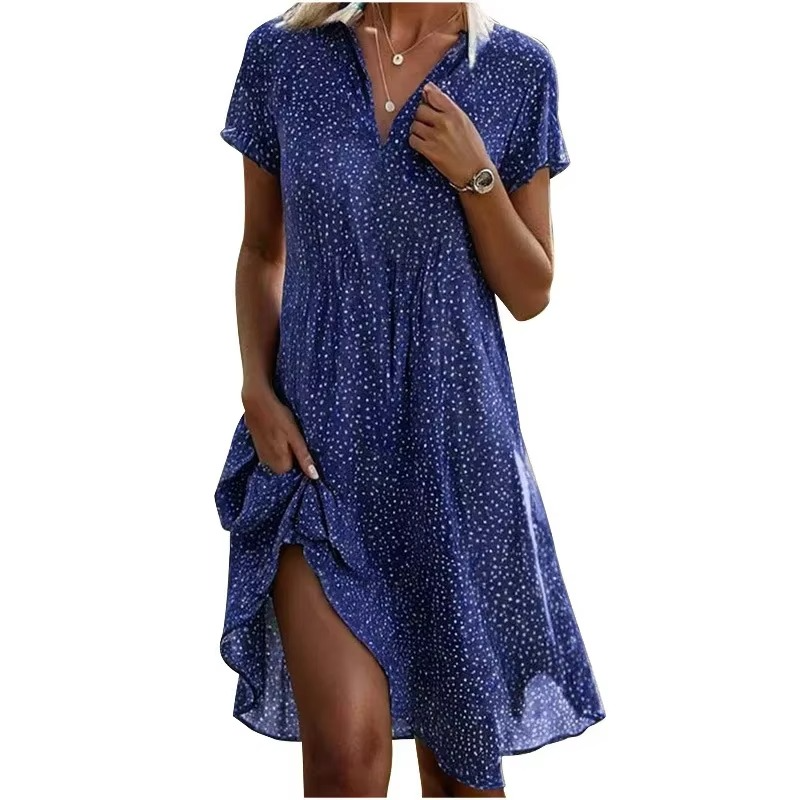 Summer Polka Dot Midi Shirt Dress for Women – Casual Loose Fit with Turn-Down Collar and Short Sleeves
