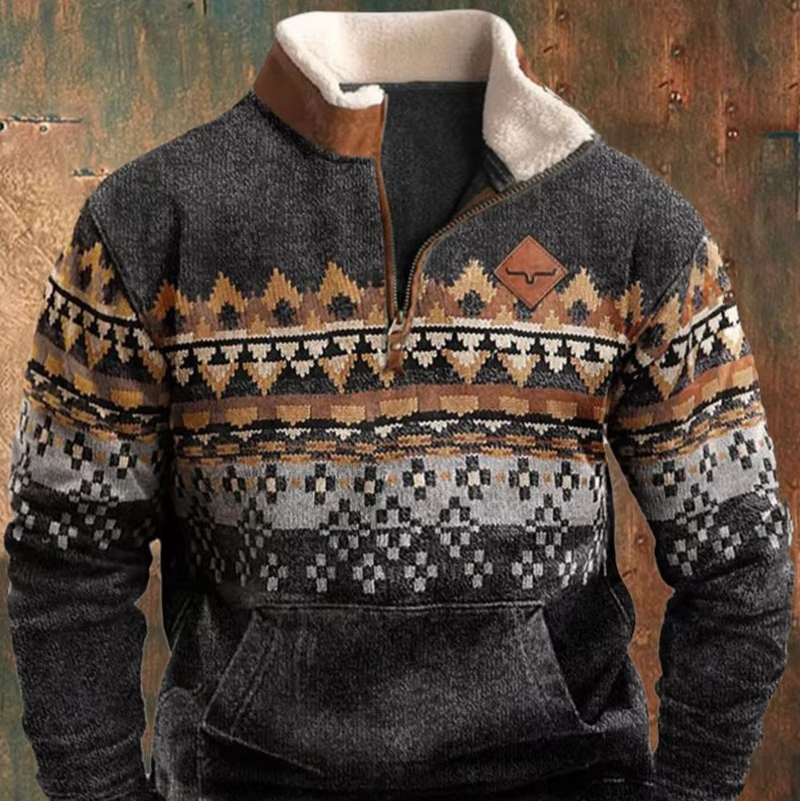 Men’s Retro 3D Printed Hooded Jacket with Leather Collar and Zipper Closure