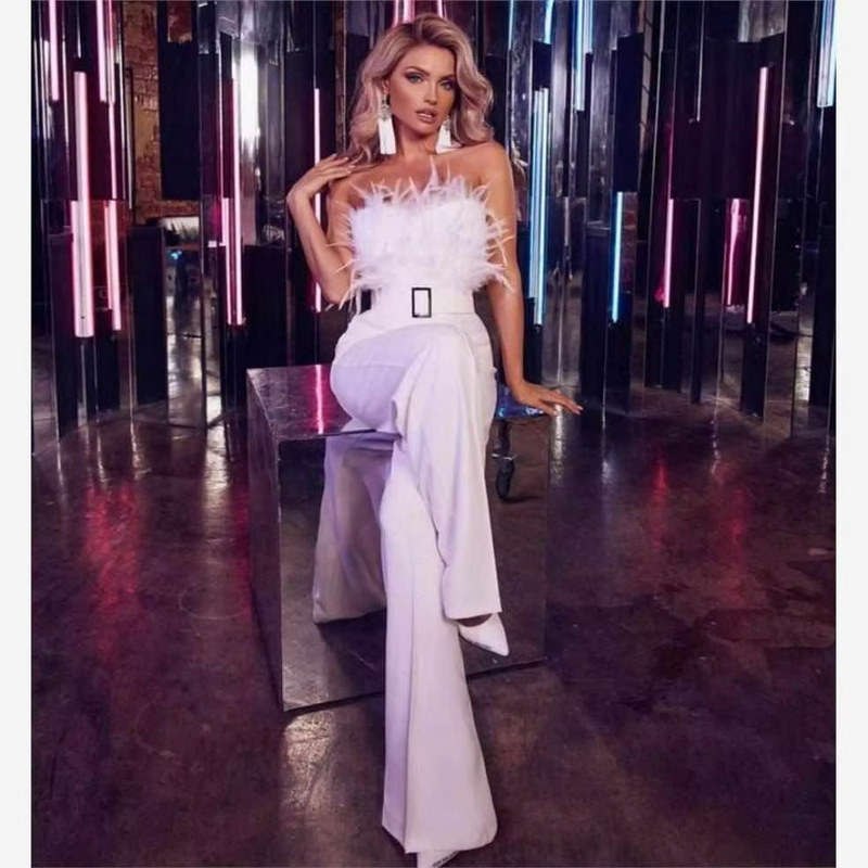 Sexy Feather Jumpsuit with Bare Shoulder, Cinched Waist, and Diamond Embellished Wide Leg