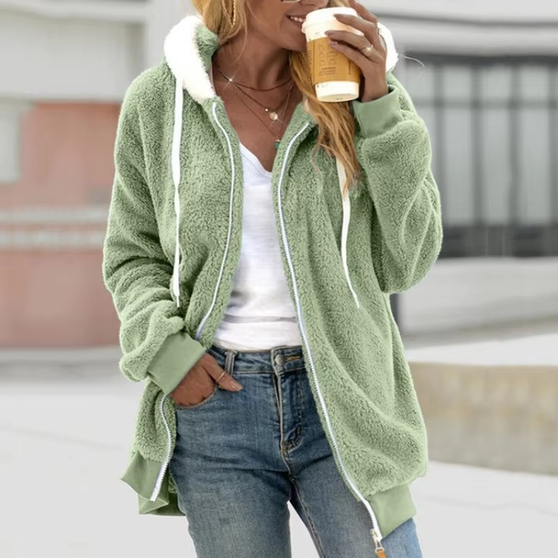 Cozy Autumn Women’s Fleece Zip-Up Hooded Sweatshirt with Tie Collar