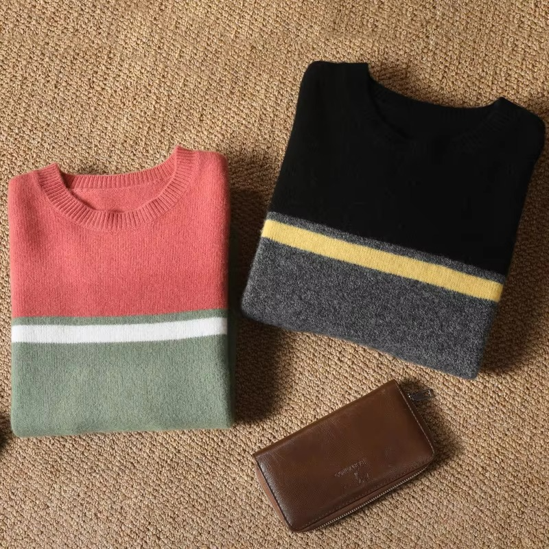 Men's 100% Merino Wool Sweater with Contrast Panel Design