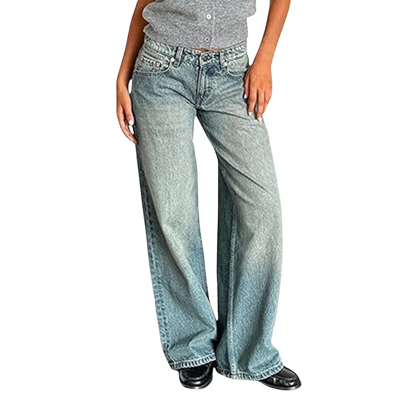 Retro Washed Mid Waisted Straight Leg Jeans for Women