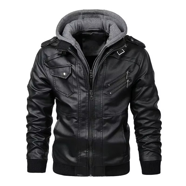 Men's Hooded PU Leather Biker Jacket Streetwear Zipper Coat for Spring or Fall