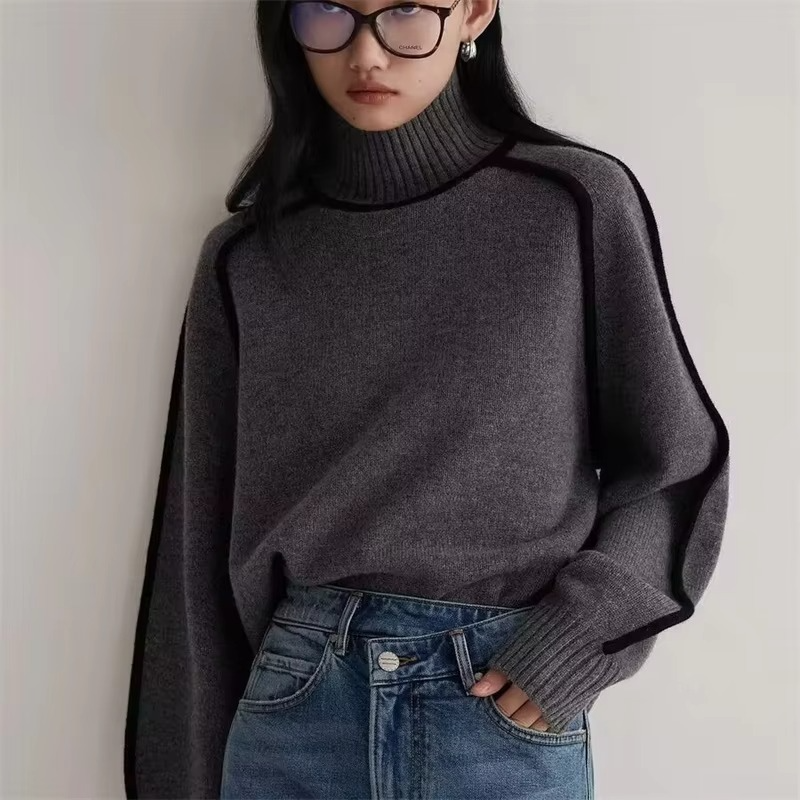 Women’s Striped Turtleneck Knit Sweater – Loose Fit Long Sleeve Pullover