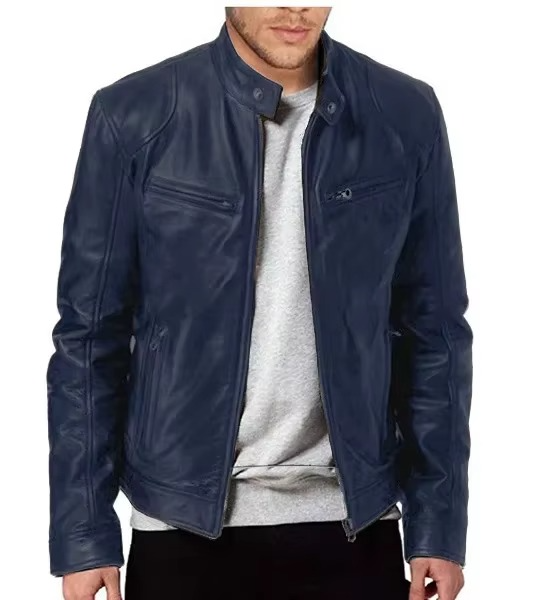 Men's Slim Fit PU Leather Jacket, Stand Collar, Anti‑Wind Motorcycle Style