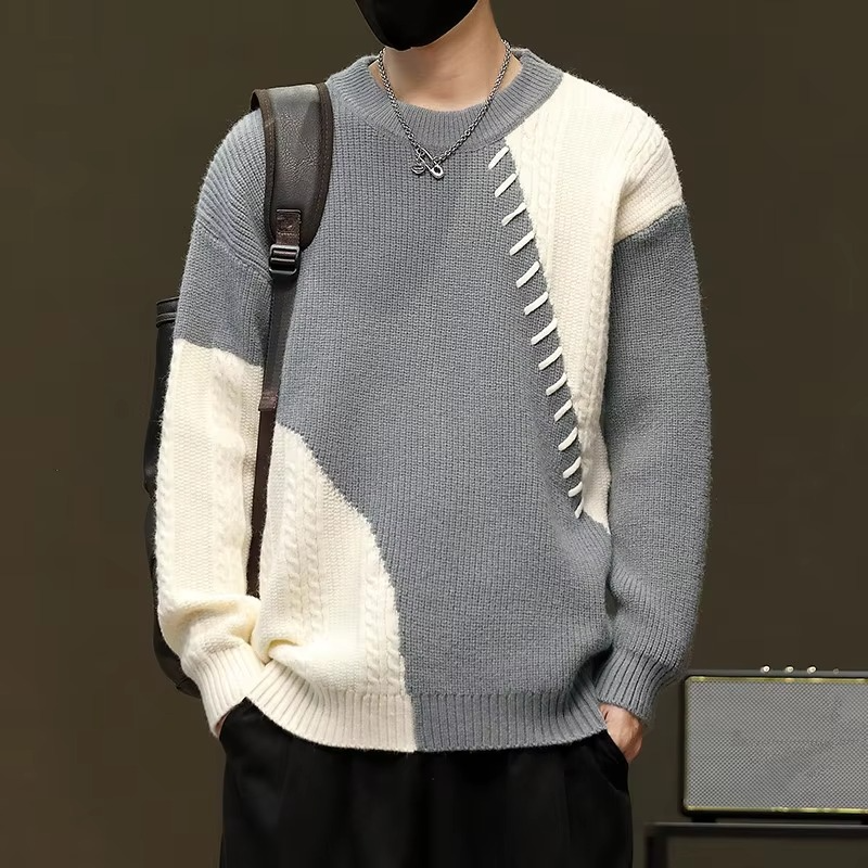 Men's Autumn Winter Patchwork Knit Sweater O Neck Casual Pullover
