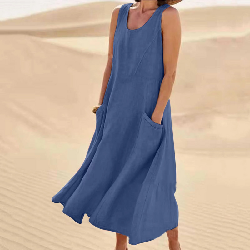Women’s Cotton Linen Sleeveless Maxi Sundress with Pockets, Loose Fit Beachwear S-5XL