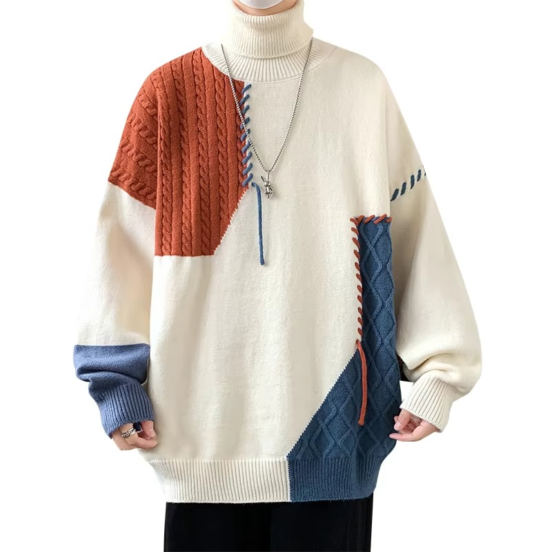 Men's Patchwork Knit Turtleneck Sweater Casual Warm Pullover