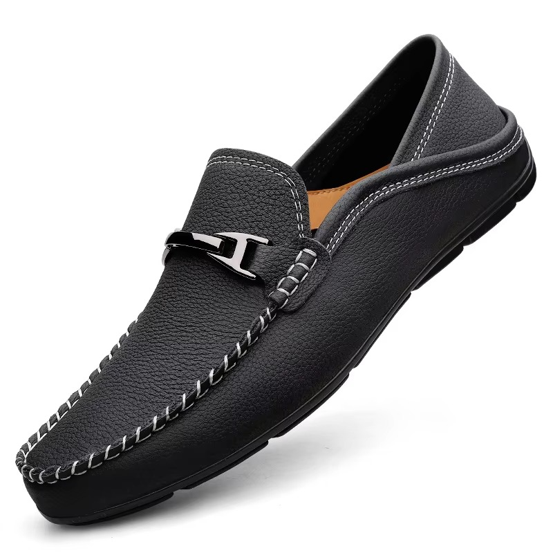 Men’s Genuine Leather Loafers with Metal Buckle, Soft Sole Business and Casual Driving Shoes
