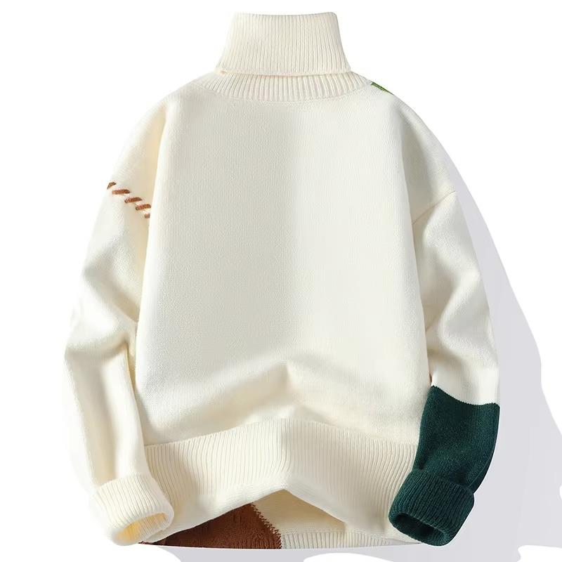 Men's Patchwork Knit Turtleneck Sweater Casual Warm Pullover
