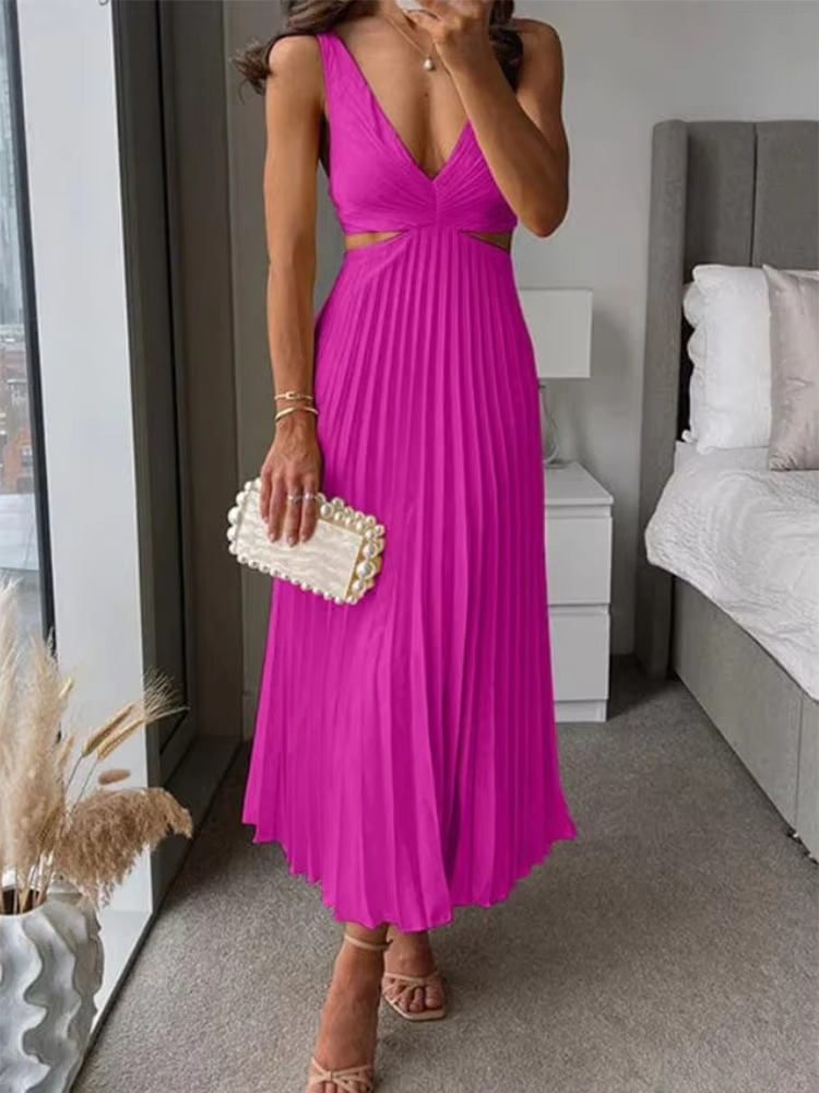 Elegant Sleeveless Summer Maxi Dress with Deep V Neck and Pleated High Waist Design