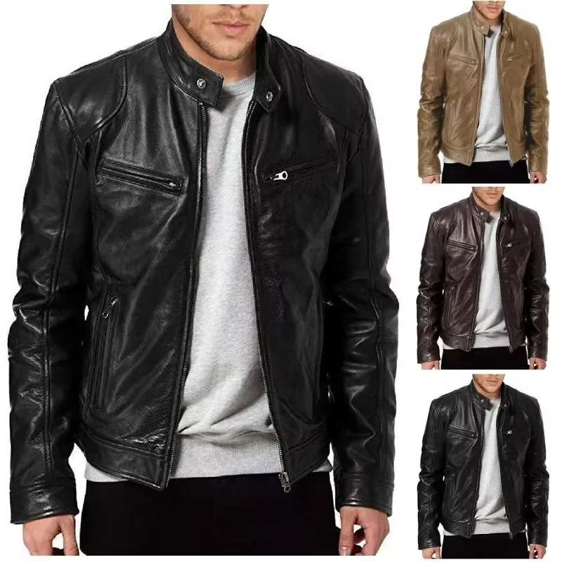 Men's Slim Fit PU Leather Jacket, Stand Collar, Anti‑Wind Motorcycle Style