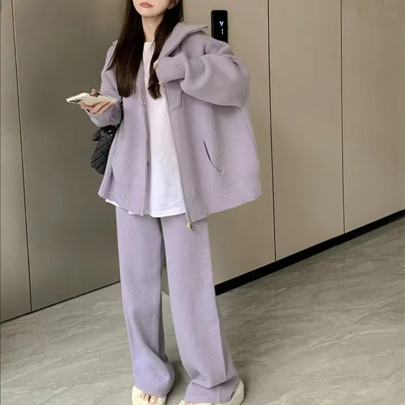 Women’s Knit Two Piece Pant Set with Zipper Sweater Coat and Wide Leg Pants