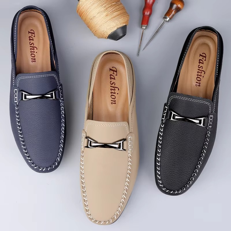 Men’s Genuine Leather Loafers with Metal Buckle, Soft Sole Business and Casual Driving Shoes