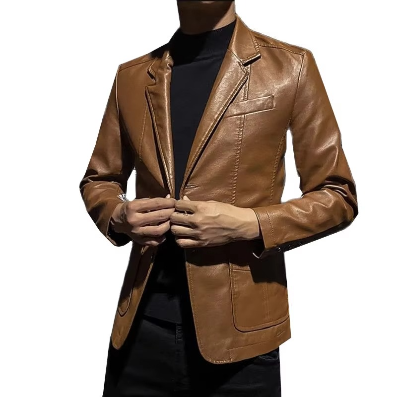 Men's Business Casual Leather Jacket with Suit Collar – Slim Fit, Black or Khaki, Sizes up to 5XL