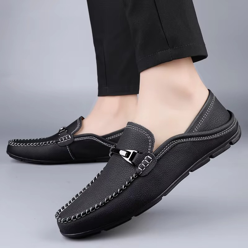 Men’s Genuine Leather Loafers with Metal Buckle, Soft Sole Business and Casual Driving Shoes