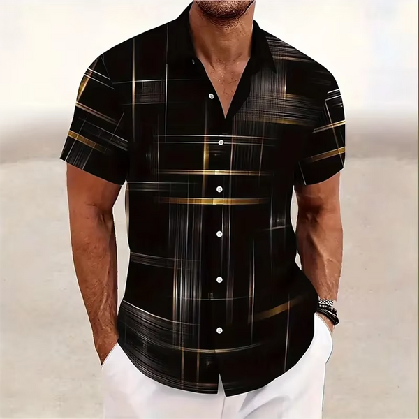Men's 3D Geometric Plaid Short Sleeve Button Shirt