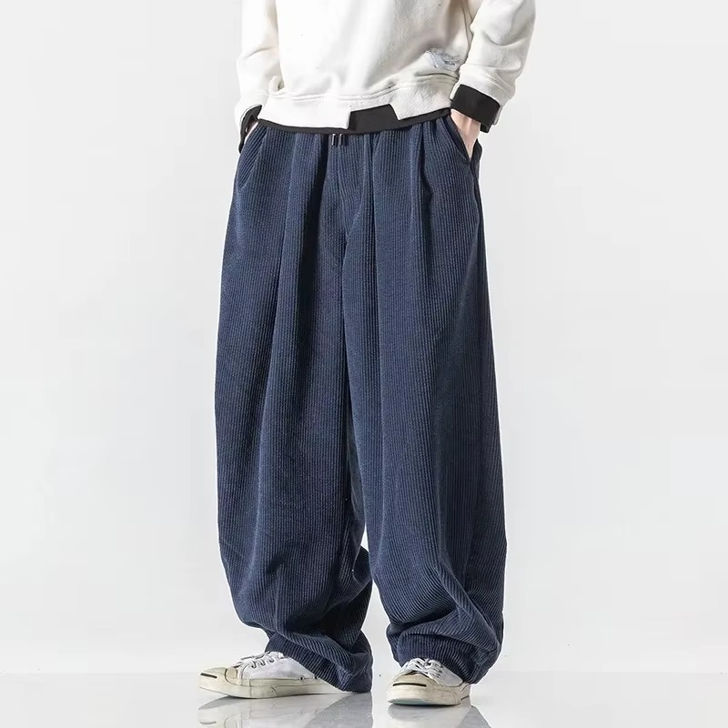 Long Corduroy Wide Leg Men's Pants, Loose Fit Floor-Length Trousers for Fall and Winter