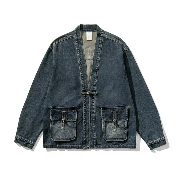 Men’s Vintage Denim Kimono Jacket, Casual Chinese Style Button Jean Coat