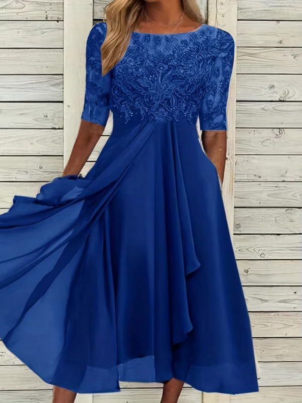 Elegant 2025 Summer Lace Embroidered Chiffon Midi Dress for Women – Formal & Party Wear