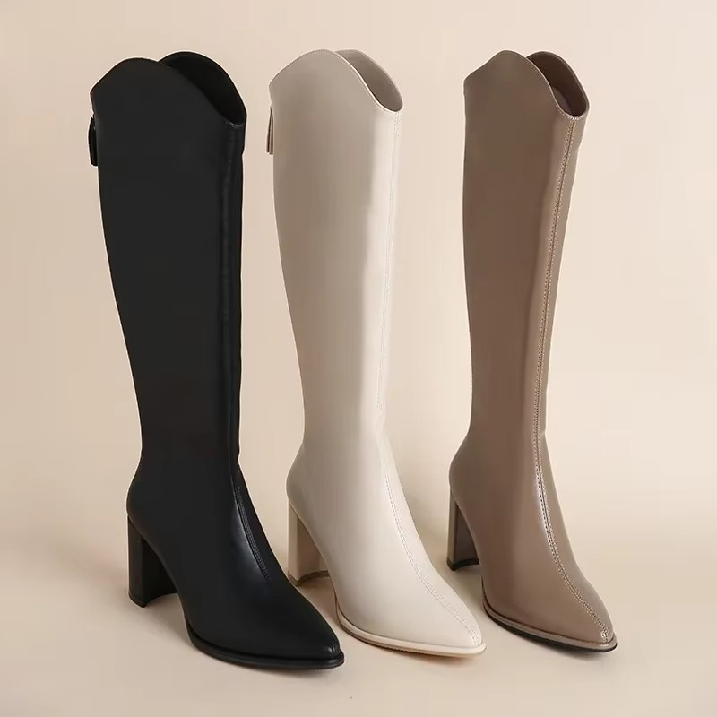Plus Size Knee High Boots for Women with Thick High Heels and Side Zipper