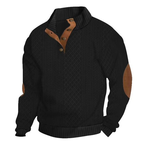 Men's Jacquard Knit Button-Down Sweater with Standing Collar, Long Sleeve