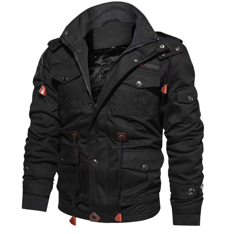 Men's Fleece Lined Hooded Cargo Jacket for Winter Outdoor Comfort