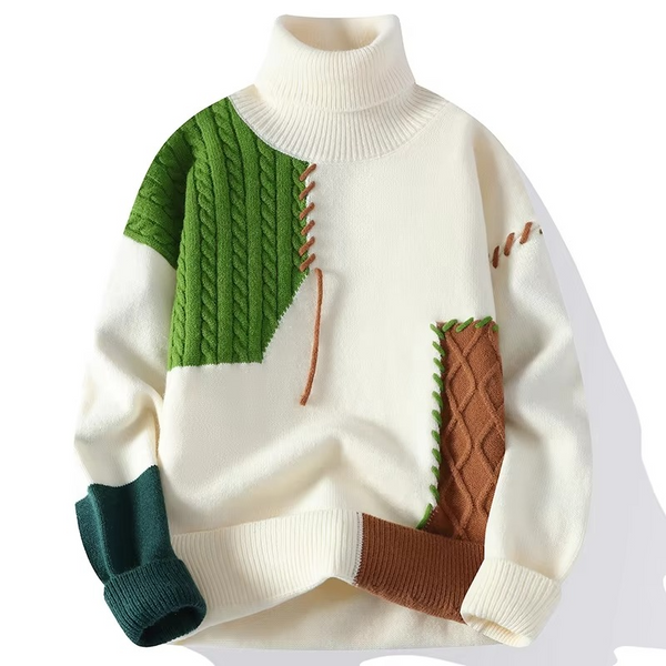 Men's Patchwork Knit Turtleneck Sweater Casual Warm Pullover