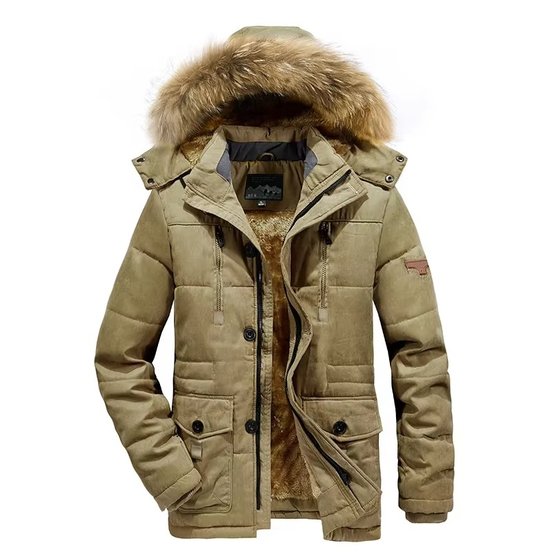 Men's Winter Parka Jacket with Thick Fleece Lining and Multi-Pocket Design