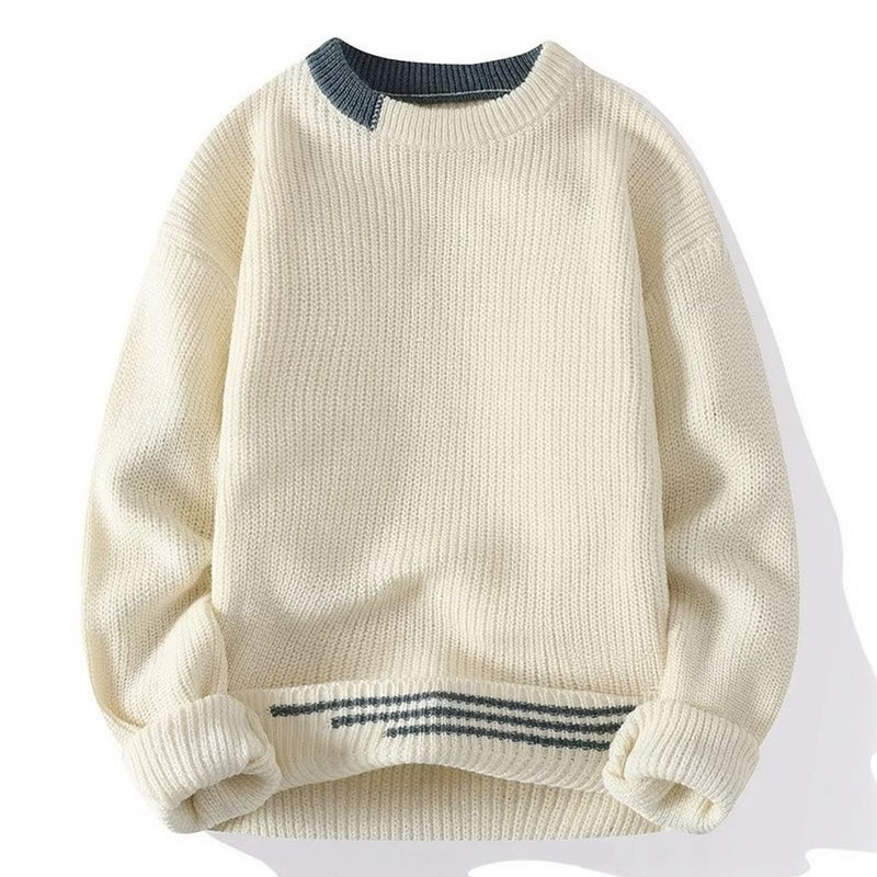 Men's Autumn Winter Patchwork Knit Sweater, Slim Fit O-Neck Pullover
