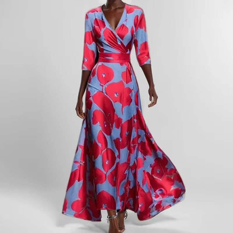 Elegant V Neck Long Printed Pleated Dress for Women