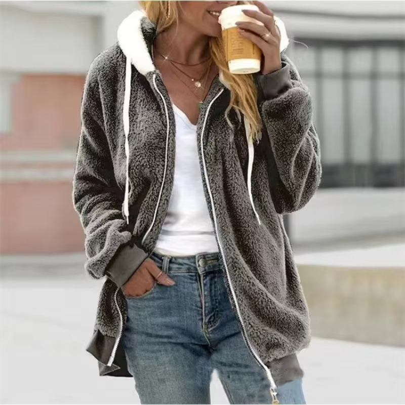 Cozy Autumn Women’s Fleece Zip-Up Hooded Sweatshirt with Tie Collar