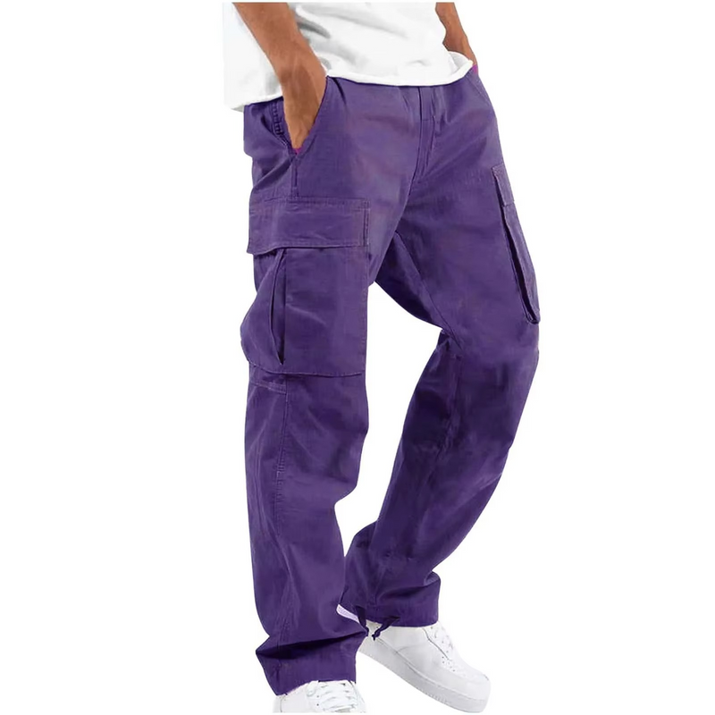 2025 Men's Solid Cargo Pants with Multi Pocket Design and Adjustable Drawstring